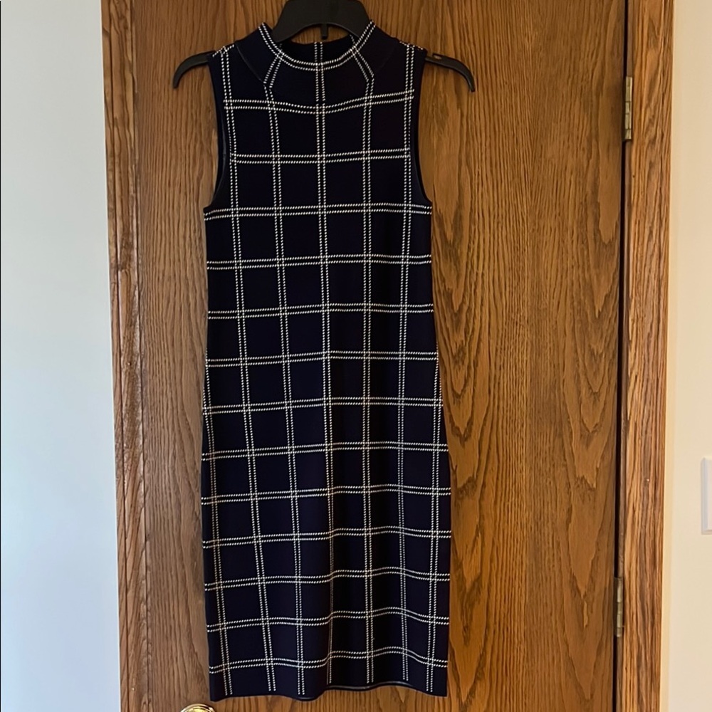 Ann Taylor Elegant Dark Navy and Tan Checkered Dress XSP